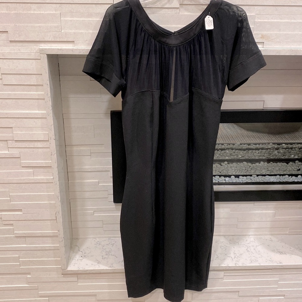 Sheer neck scoop neck black body con dress. Designer made, no label.